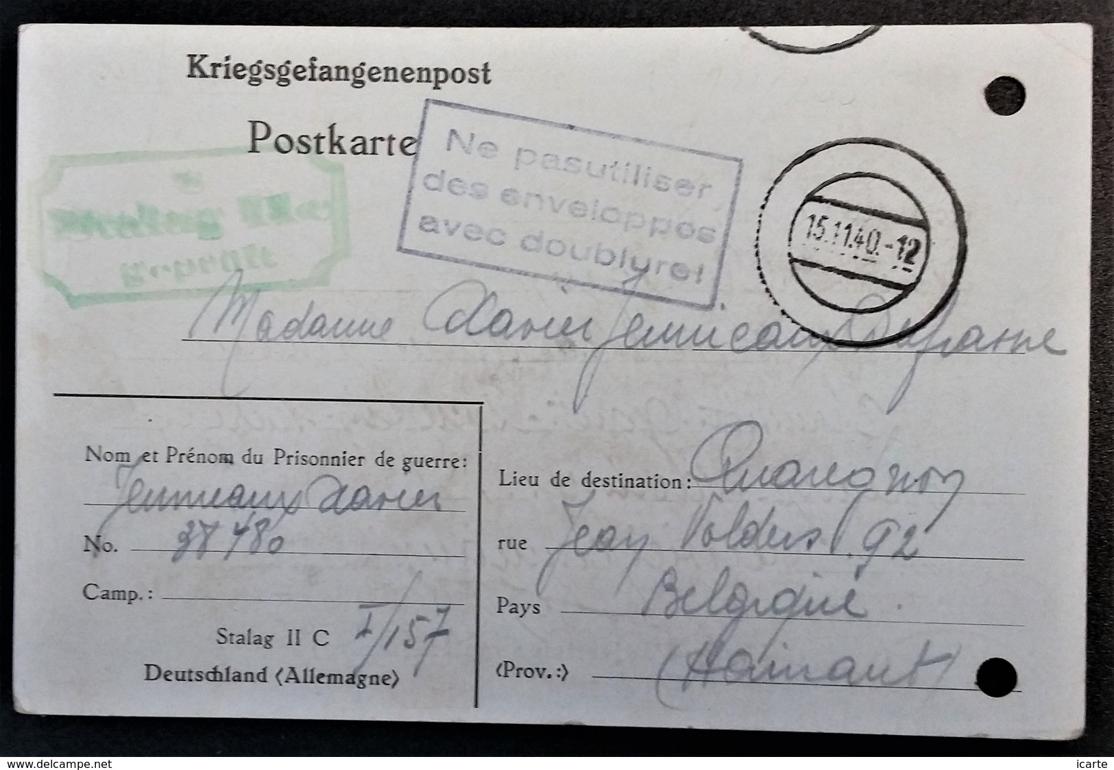 Accusé-Réception COLIS Prisonnier De Guerre STALAG II C Censure Verte Cachet Ne Pas Utiliser Enveloppes Avec Doublure - Guerre De 1939-45