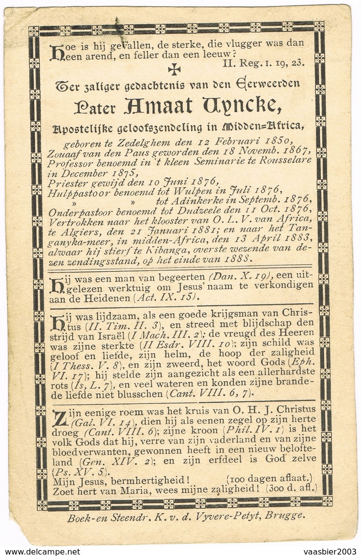 ZEDELGEM - WULPEN - DUDZELE  , Doodsprentje Van Pauselijk Zouaaf Pater Amaat VYNCKE    + 1888 - Religione & Esoterismo