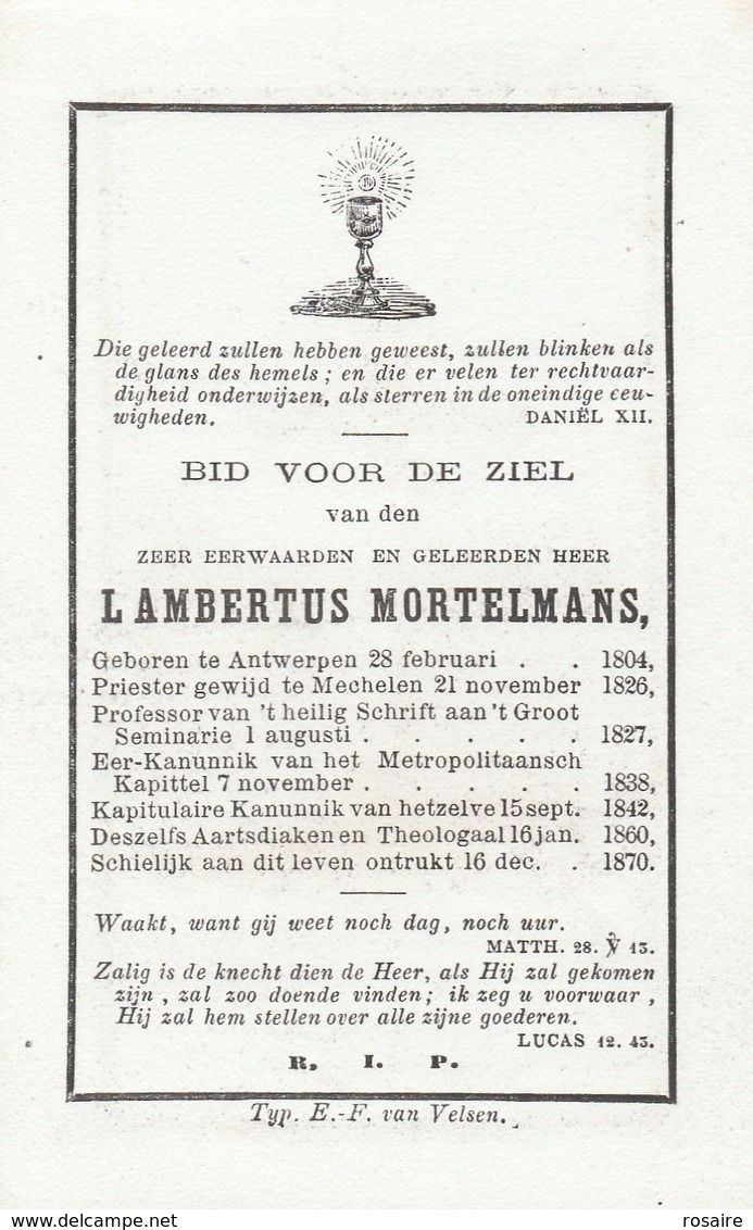 Dp  Lambertus Mortelmans-mechelen- 1870-professor Groot Seminarie En Aartsdiaken - Devotion Images