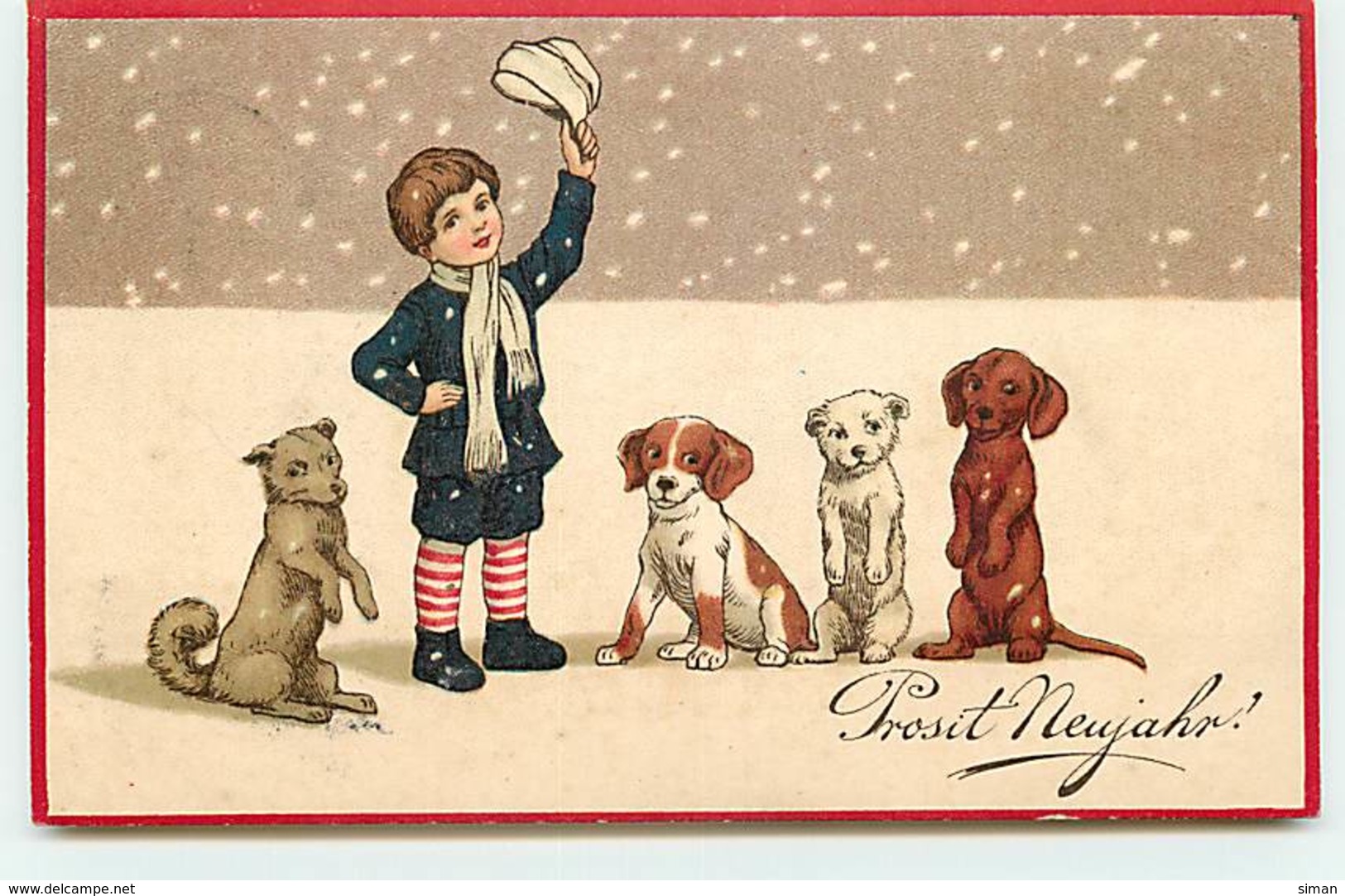 N°10382 - Carte Fantaisie - Prosit Neujahr - Enfant Et Chiens - Teckel - Nouvel An