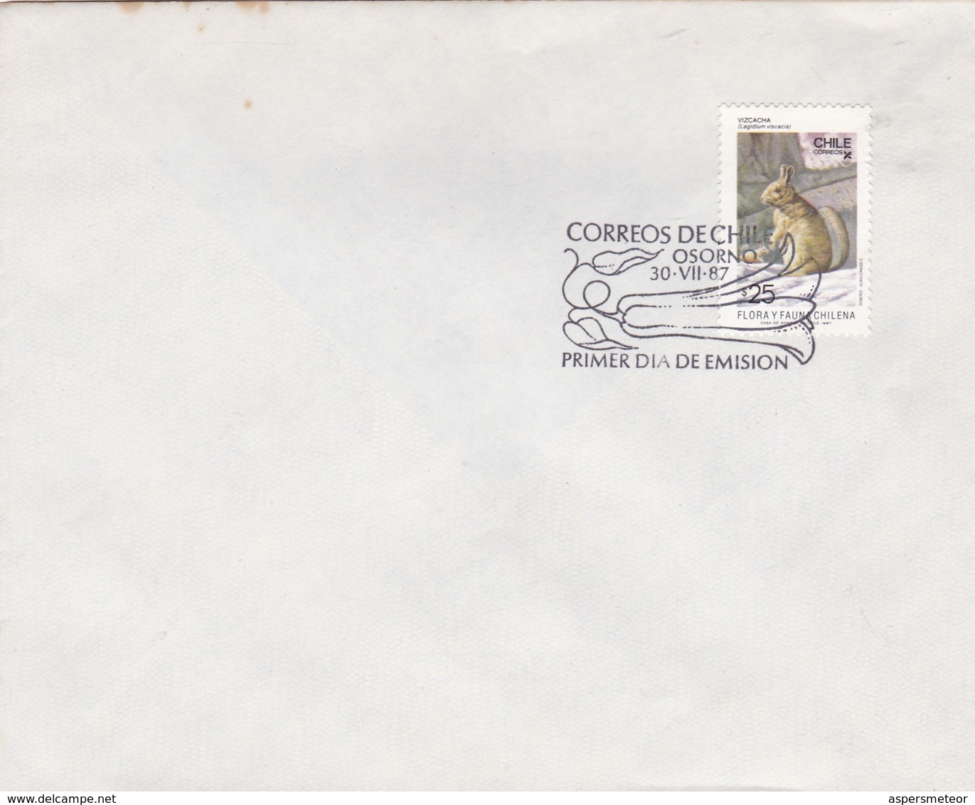 CORREOS DE CHILE, OSORNO 1987 FDC. STAMP VIZCACHA LAGIDIUM VISCACIA, FAUNA Y FLORA CHILENA- BLEUP - Chili