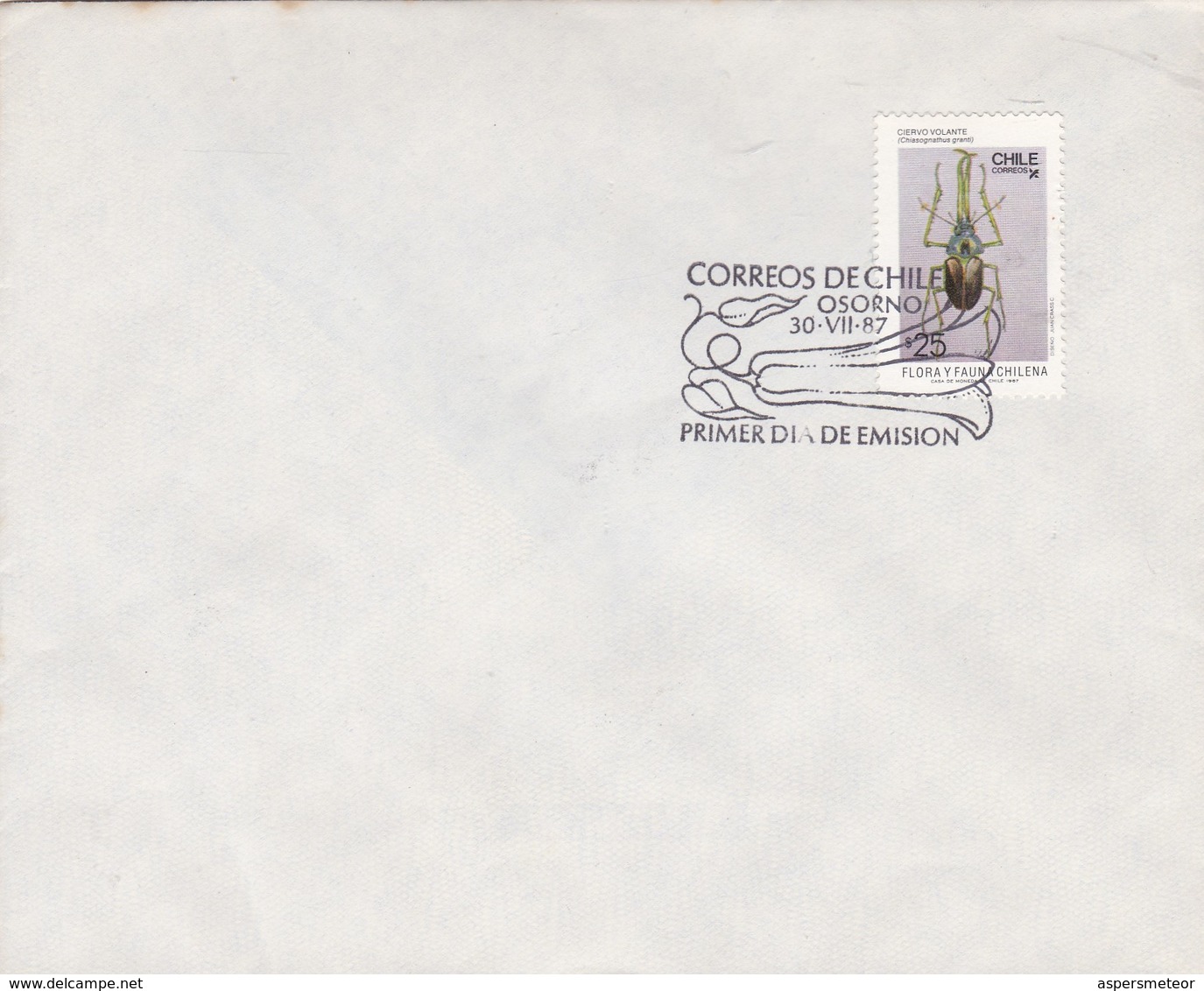 CORREOS DE CHILE, OSORNO 1987 FDC. STAMP CIERVO VOLANTE CHIASOGNATHUS GRANTI, FAUNA Y FLORA CHILENA- BLEUP - Chili