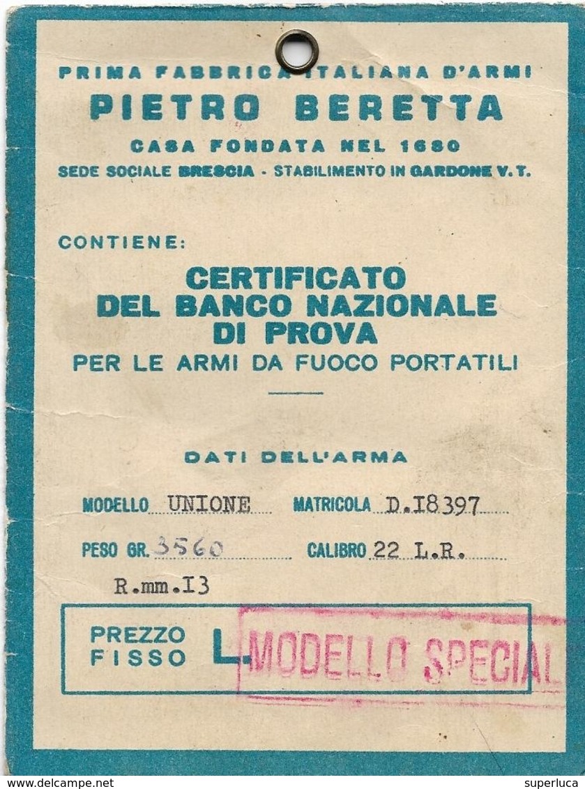 5-CACCIA-CERTIFICATO DEL BANCO NAZIONALE DI PROVA CARABINA AUTOMATICA BERETTA CAL.20 - Altri & Non Classificati