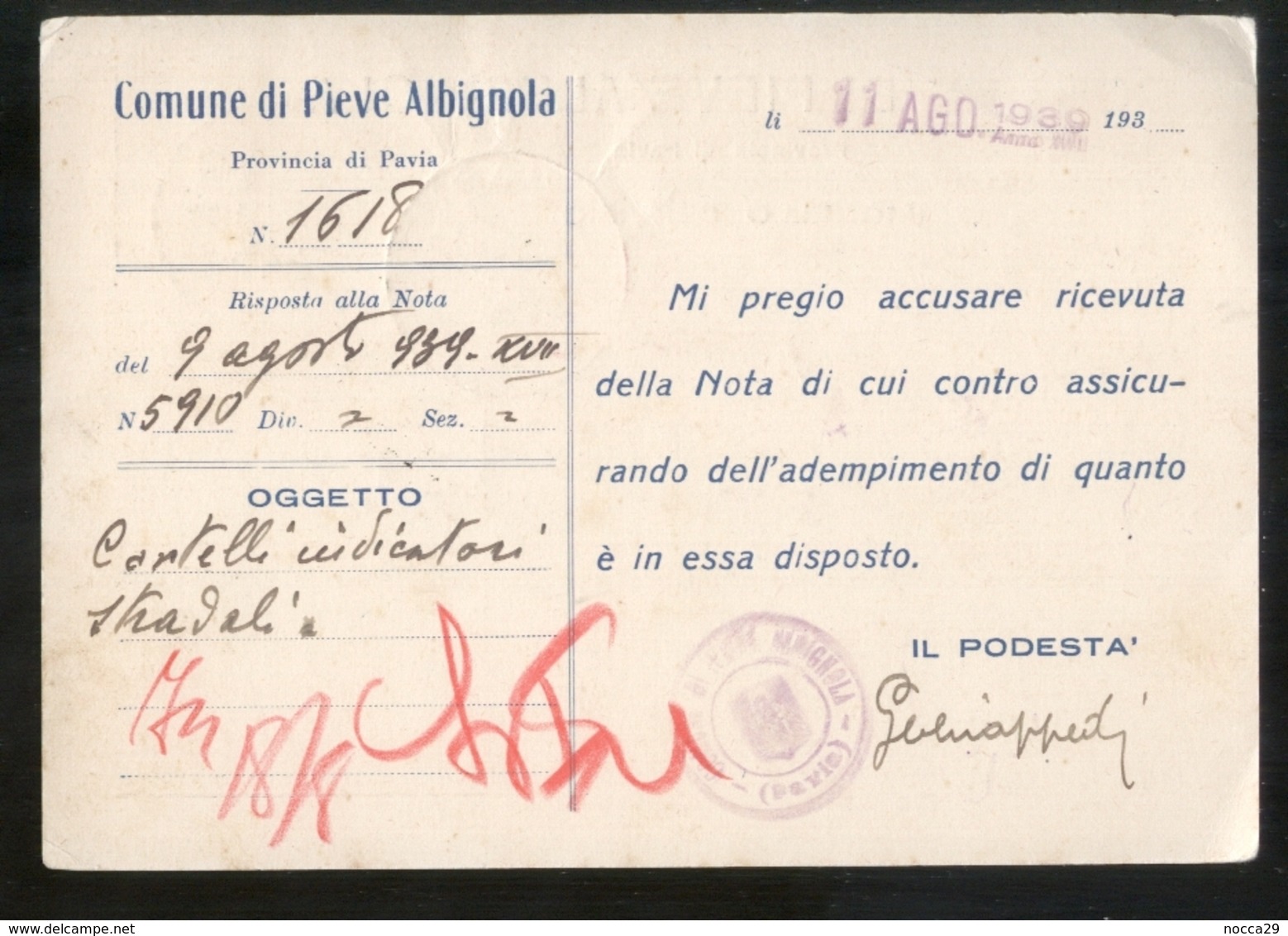 PIEVE ALBIGNOLA - PAVIA 1939 CARTOLINA INTESTATA - Pavia