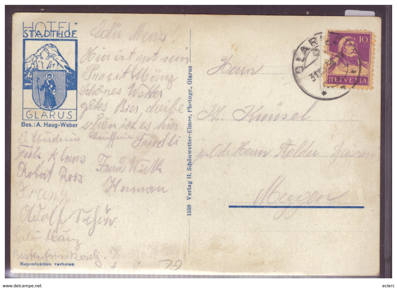 GRÖSSE 10x15cm - GLARUS - HOTEL STADTHOF - TB - Autres & Non Classés