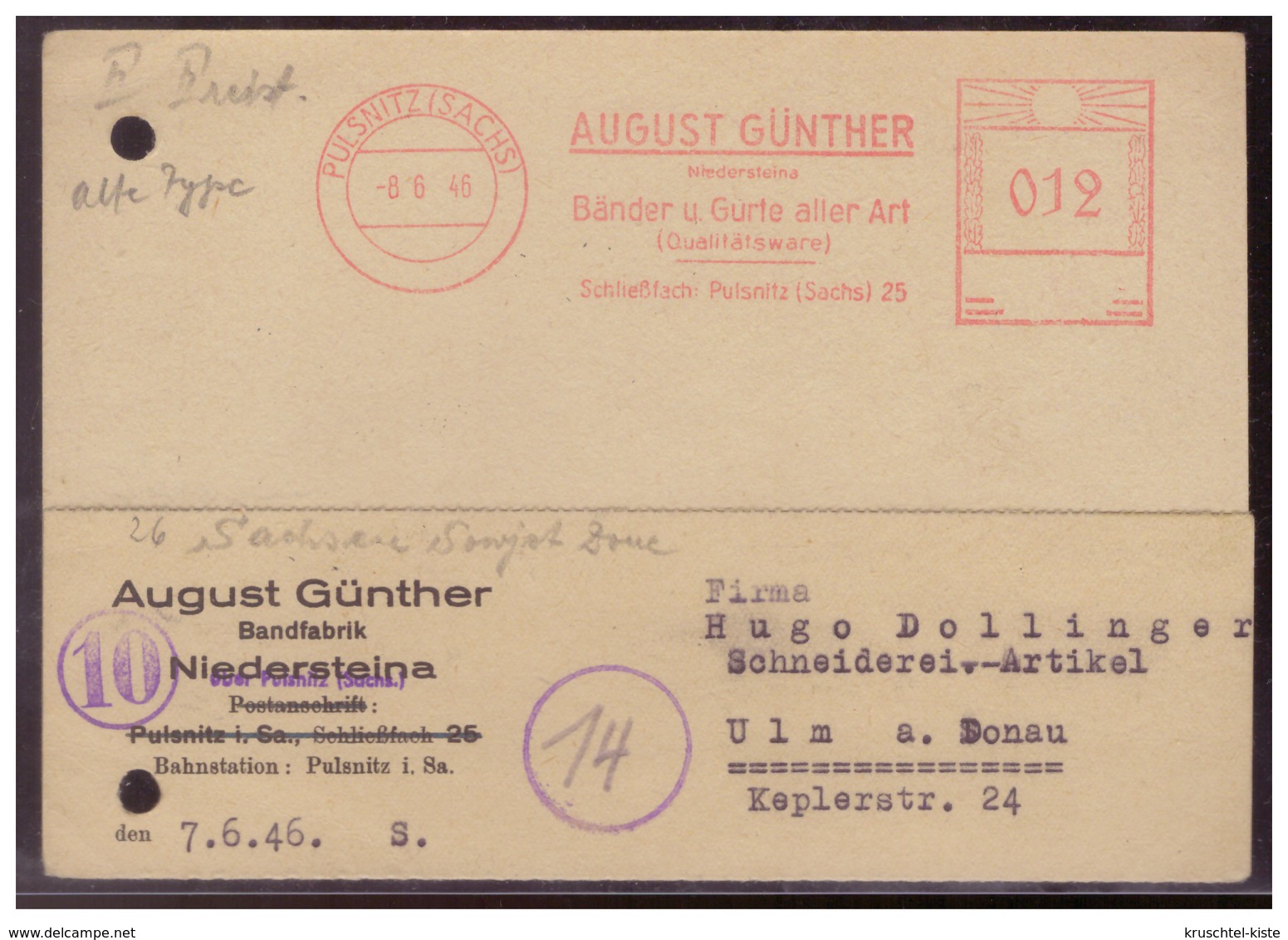 SBZ (006555) Firmenpostkarte A. Günther Bandfabrik, Gelaufen Mit Entnazivizierten Freistempler Plusnitz Am 8.6.1946 - Sonstige & Ohne Zuordnung