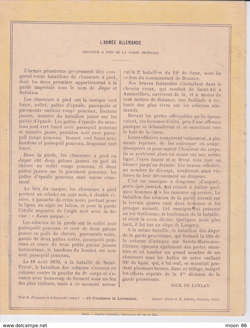 PROTEGE CAHIER ILLUSTRÉ ANCIEN - ILLUSTRATION ARMÉE ALLEMANDE CHASSEUR A PIED GARDE IMPERIALE GUERRE 1870 1871 - Protège-cahiers