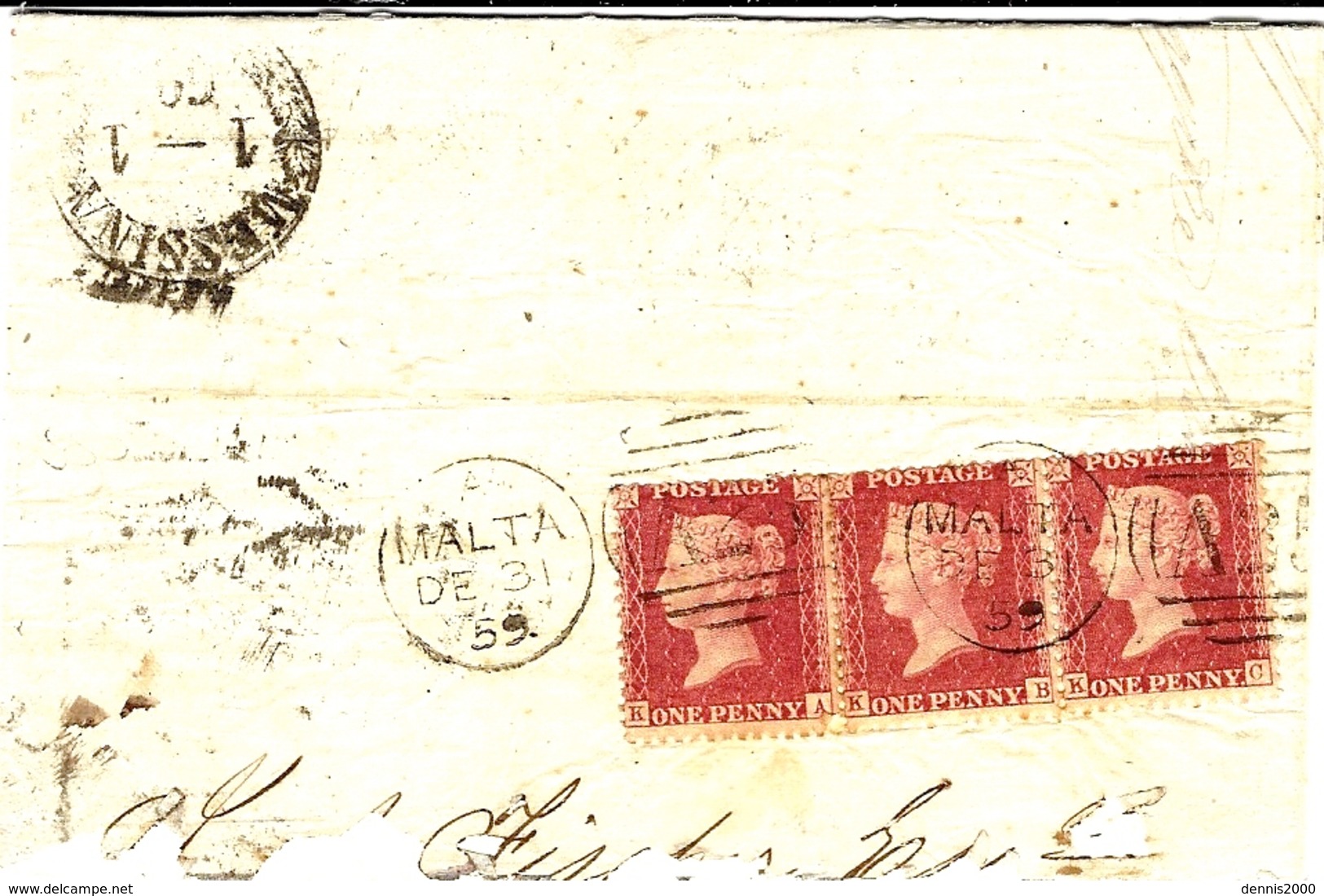 1859- Half Letter From MALTA  To  Messina ( Italy )  Fr. Strip Of 3 Y & T N°26 ( Without Pl. ) - Brieven En Documenten