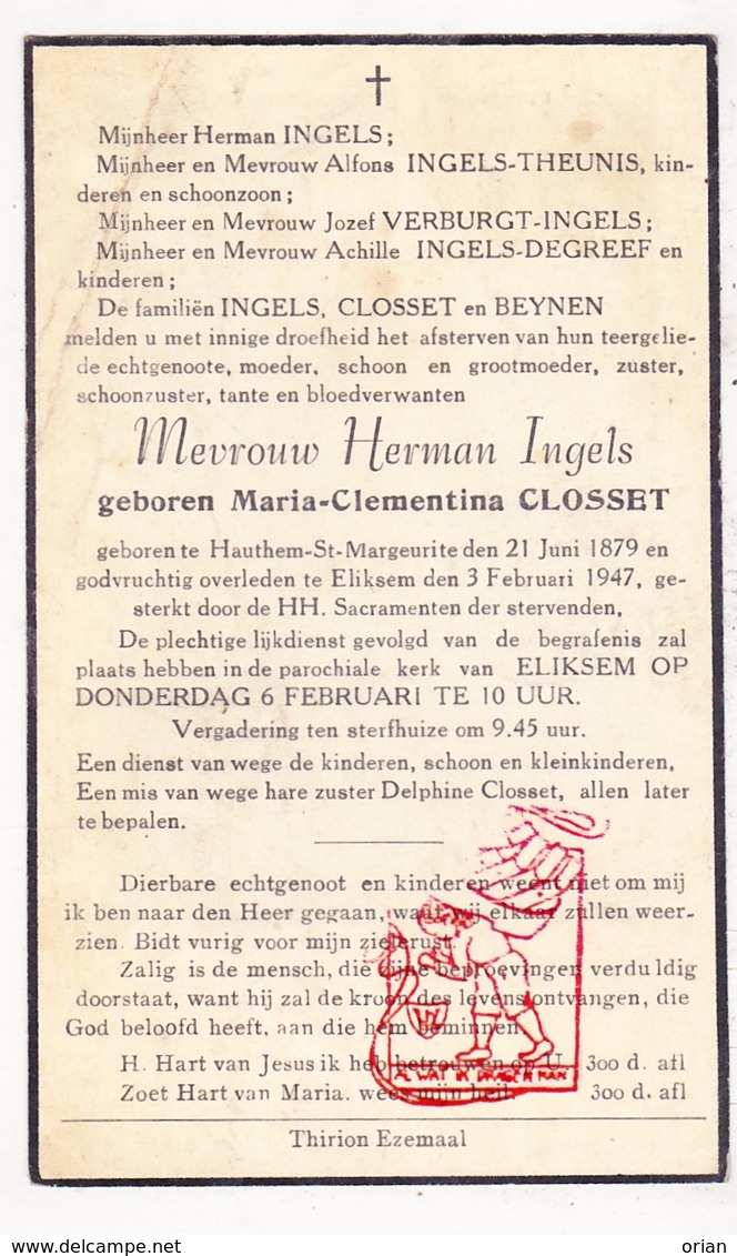 DP Maria Closset ° Sint-Margriete-Houtem Tienen 1879 † Eliksem Landen 1947 X H. Ingels / Theunis Verburgt DeGreef Beynen - Images Religieuses