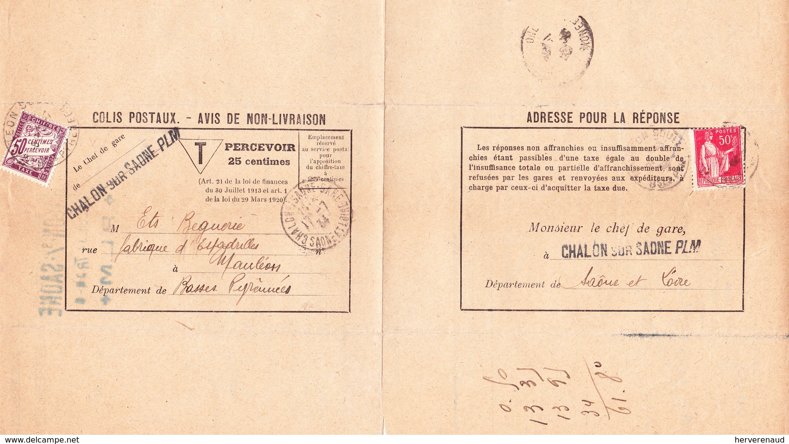 TA 37 Et Paix 283 Sur Avis De Chalon-sur-Saône Aux "Espadrilles Beguerie" à Mauléon (1934) - 1859-1959 Covers & Documents