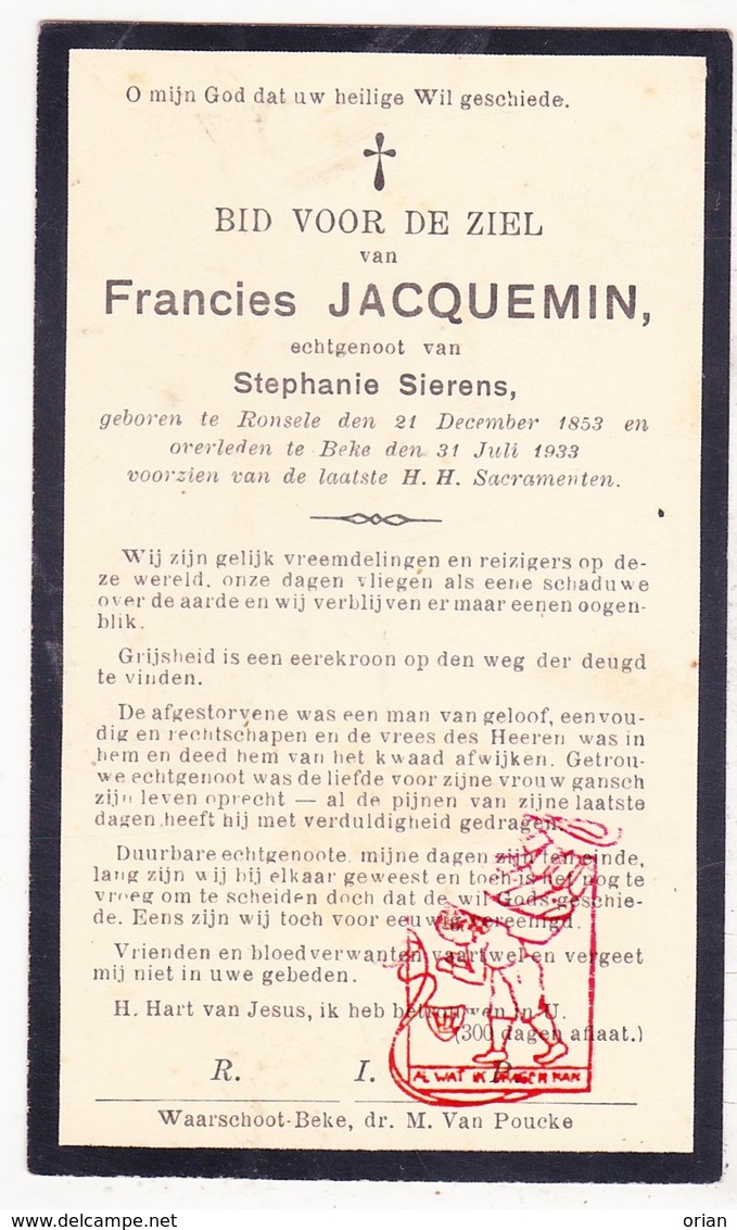 DP Francies Jacquemin ° Ronsele Zomergem 1853 † Beke Waarschoot 1933 X Stephanie Sierens - Santini