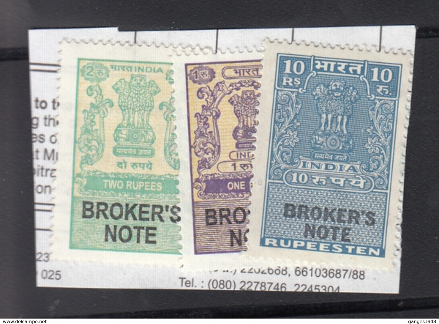 India  Revenue  Fiscals  1R & 2R  Ashoka  Broker's Note + 10 Rs  Court Fee  (3)  # 15633   D  Inde  Indien - Used Stamps