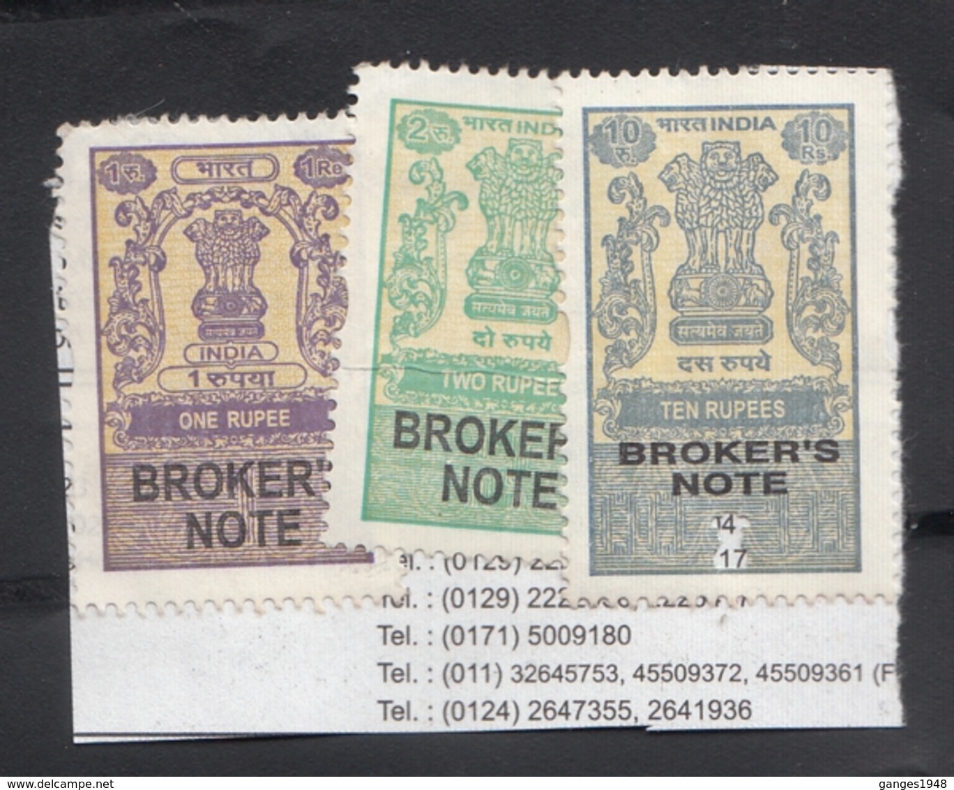 India  Revenue  Fiscals  1R & 2R & 10 Rs  Ashoka  Broker's Note  (3)  # 15637   D  Inde  Indien - Used Stamps