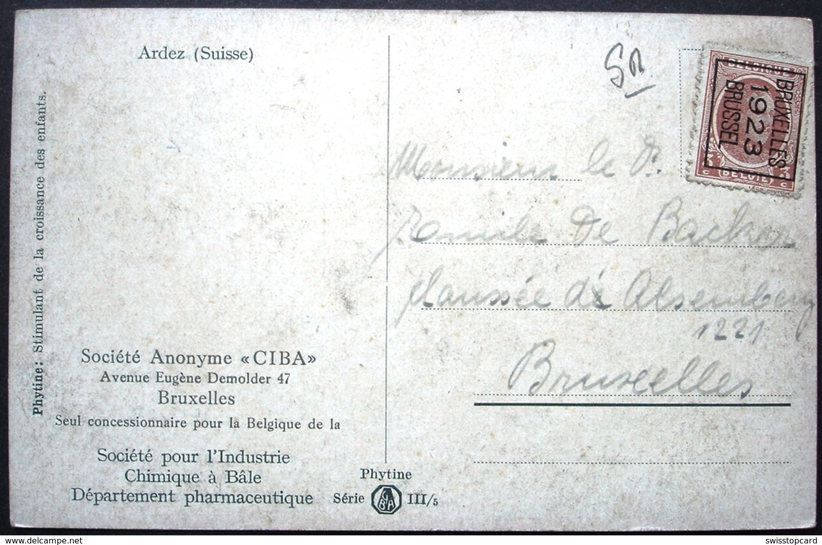 ARDEZ Stamp BRUXELLES 1923 BRÜSSEL Société Anonyme CIBA Chemie Industrie Basel - Ardez