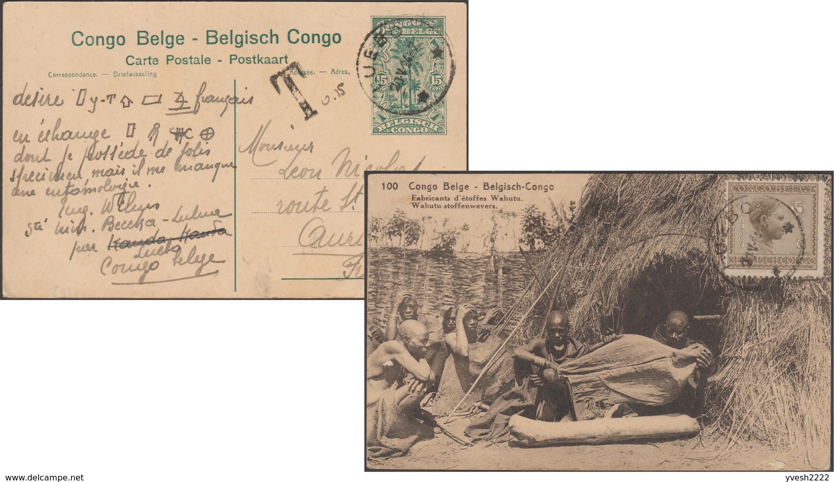 Congo Belge 1924. Entier Postal De Luebo Pour Aurillac, 15 C + 5 C Taxé. Fabricants D'étoffes Wahutu - Entiers Postaux