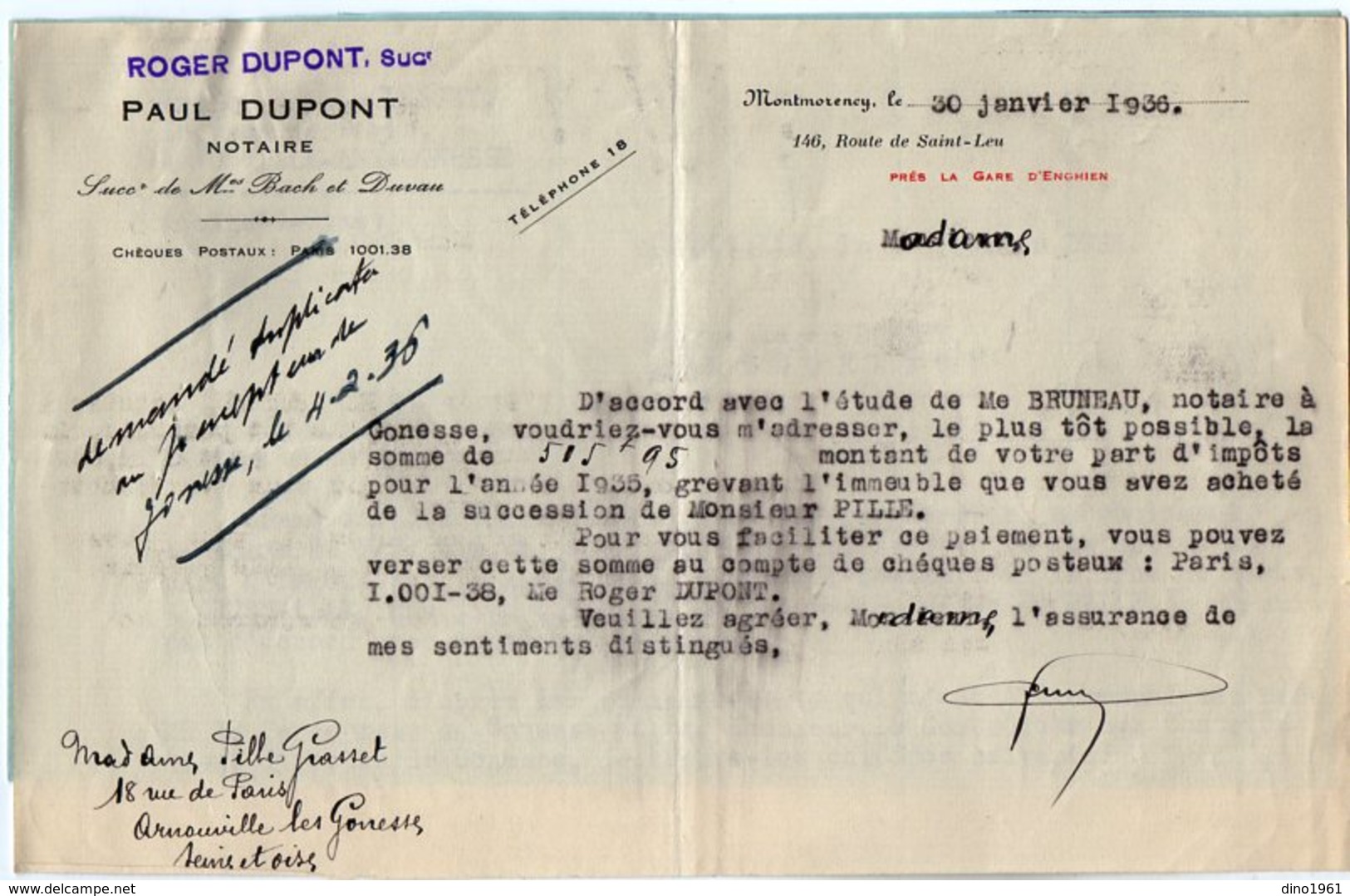 CP13.420 - 1936 - Lettre De Me Roger DUPONT Notaire à MONTMORENCY Pour Mme PILLE - GRASSET à ARNOUVILLE - Collezioni