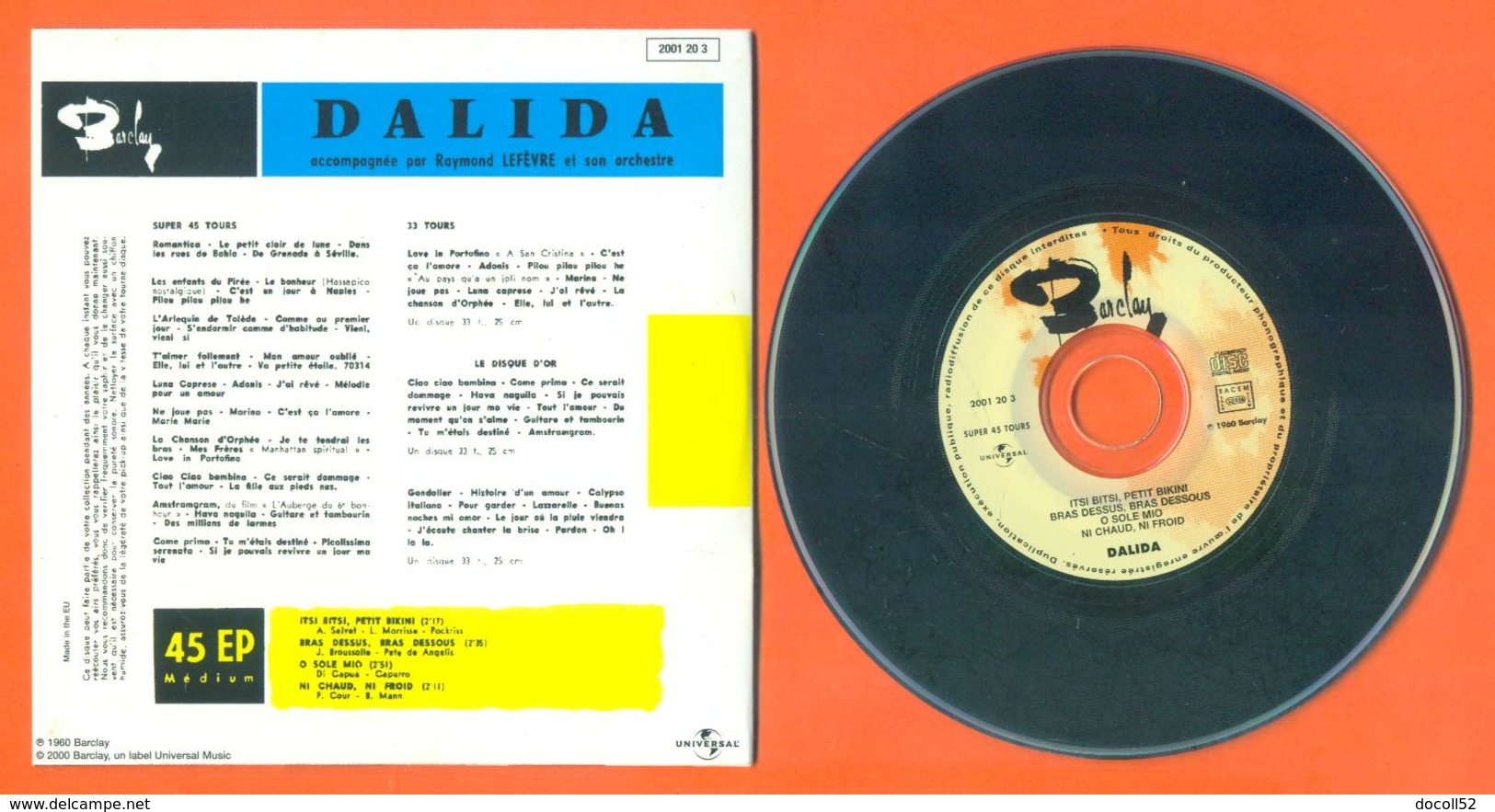 Dalida CD 4 Titres Pochette Reproduction Du 45 Tours De L'époque - 2 Scans - Collectors
