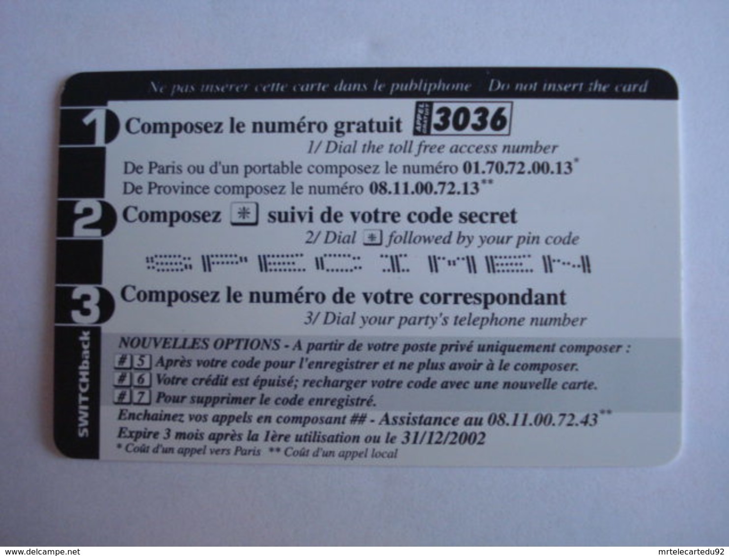 Carte Prépayée SWITCHback (marquer SPECIMEN). - Mobicartes (recharges)