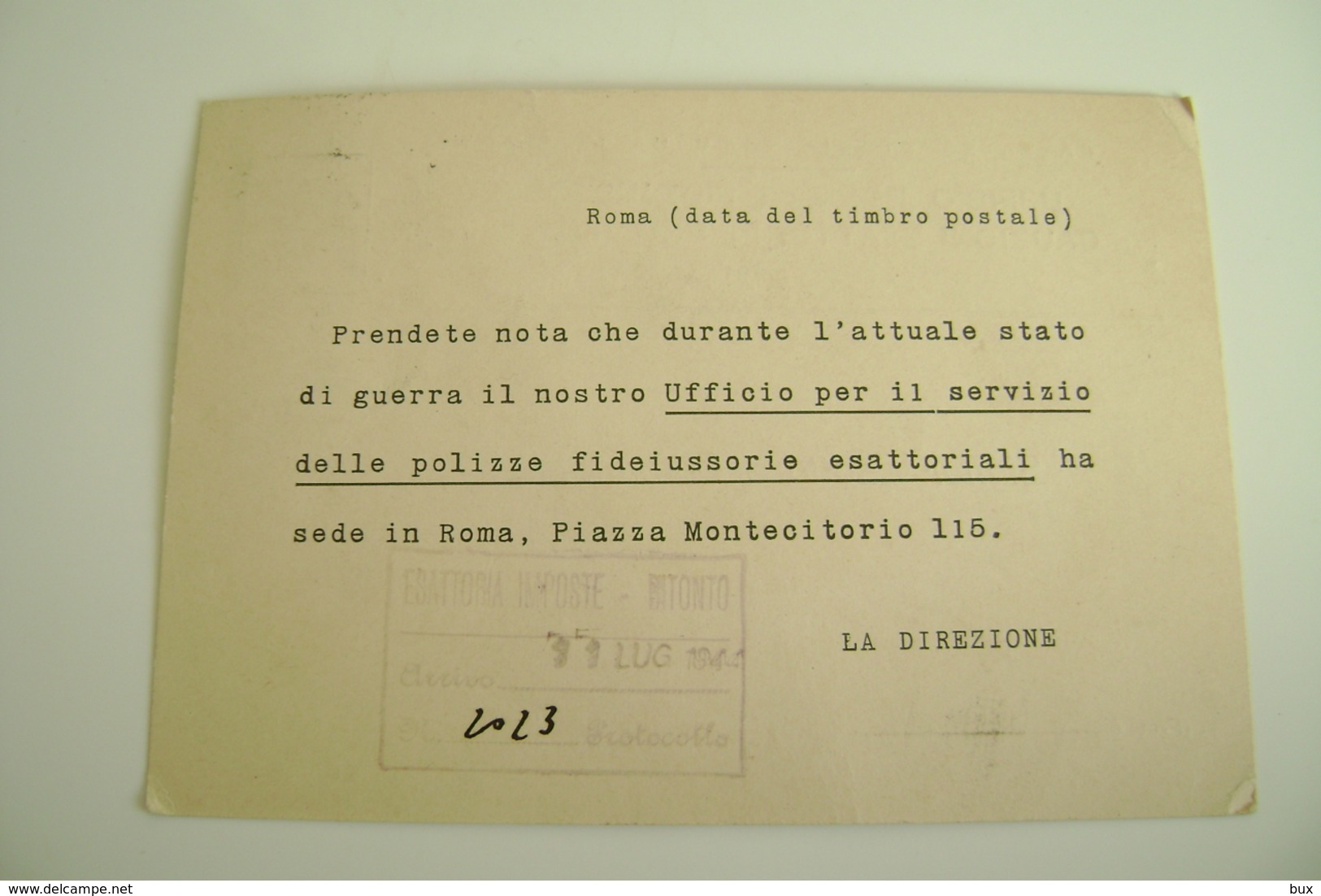 1944  BARI  BITONTO  CASSA ESATTORIALE MUTUA ITALIANA   PERIODO GUERRA   PUGLIA     VIAGGIATA  COME DA FOTO FORMATO GRAN - Bitonto