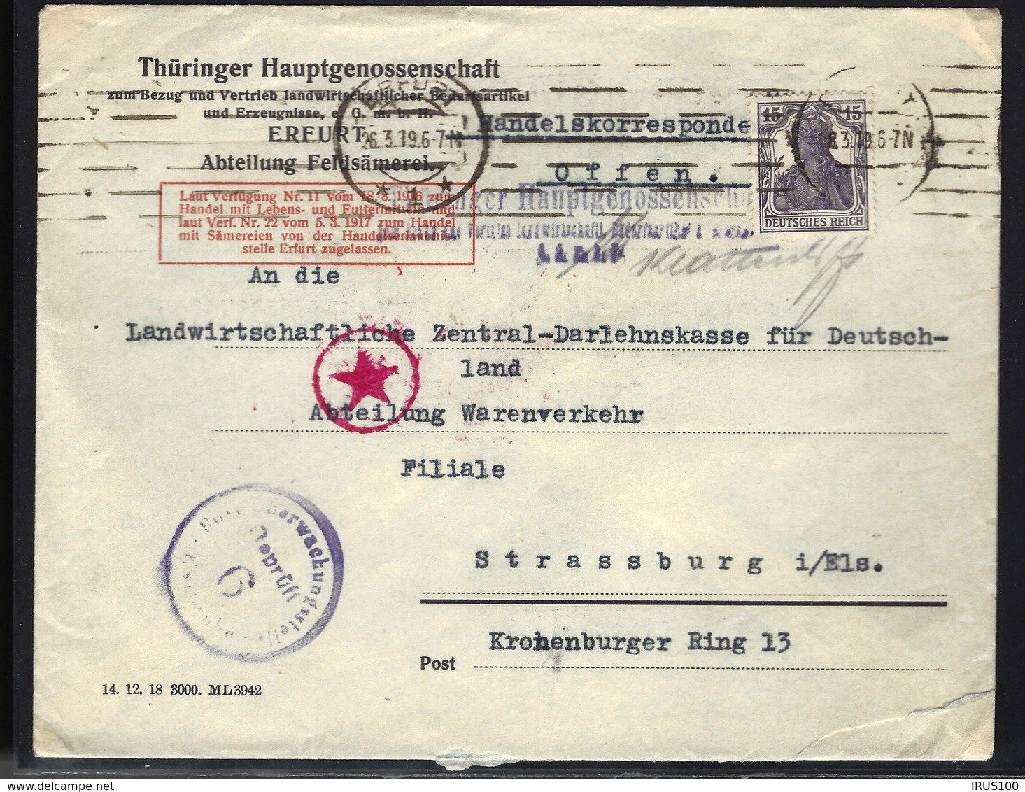 LETTRE DE ERFURT - 1919 - TIMBRE GERMANIA - CENSURE - Lettres & Documents