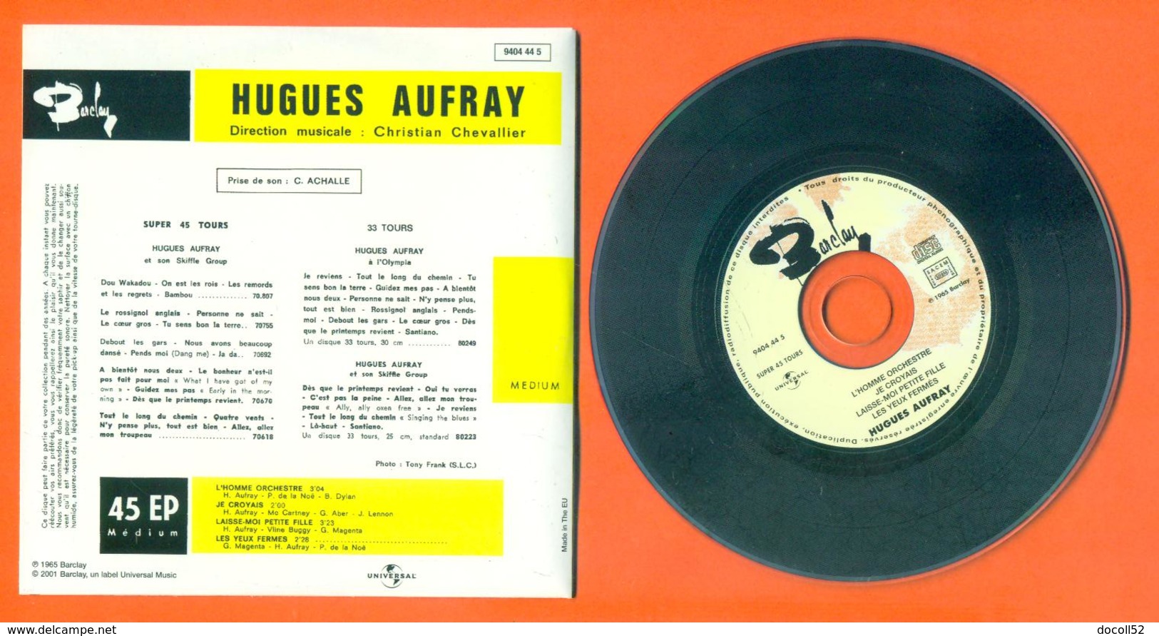 Hugues Aufray CD 4 Titres Pochette Reproduction Du 45 Tours De L'époque - 2 Scans - Collectors
