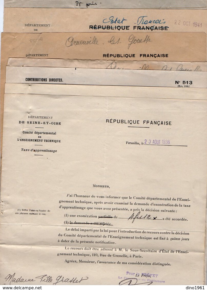 VP13.422 - VERSAILLES - Lot De Documents Concernant La Taxe D'Apprentissage Pour Mme PILLE - GRASSET à ARNOUVILLE - Collections