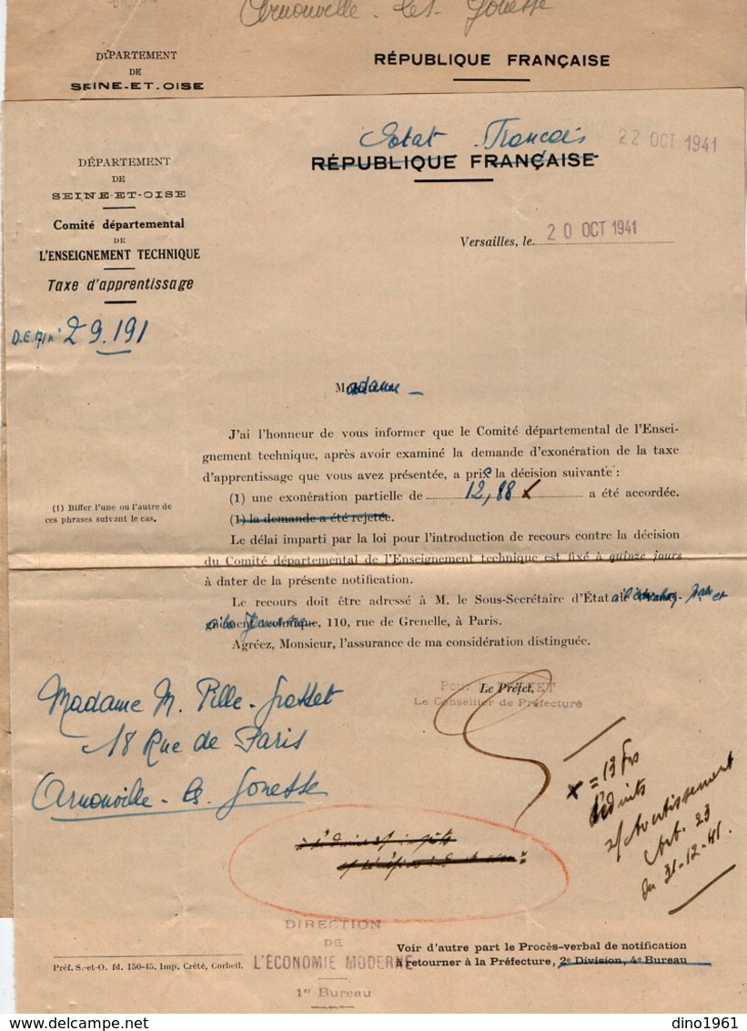 VP13.422 - VERSAILLES - Lot De Documents Concernant La Taxe D'Apprentissage Pour Mme PILLE - GRASSET à ARNOUVILLE - Collections