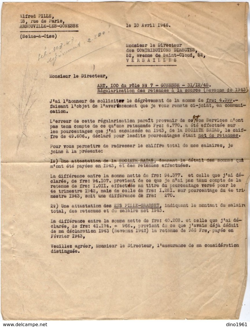 VP13.422 - VERSAILLES - Lot De Documents Concernant La Taxe D'Apprentissage Pour Mme PILLE - GRASSET à ARNOUVILLE - Collections