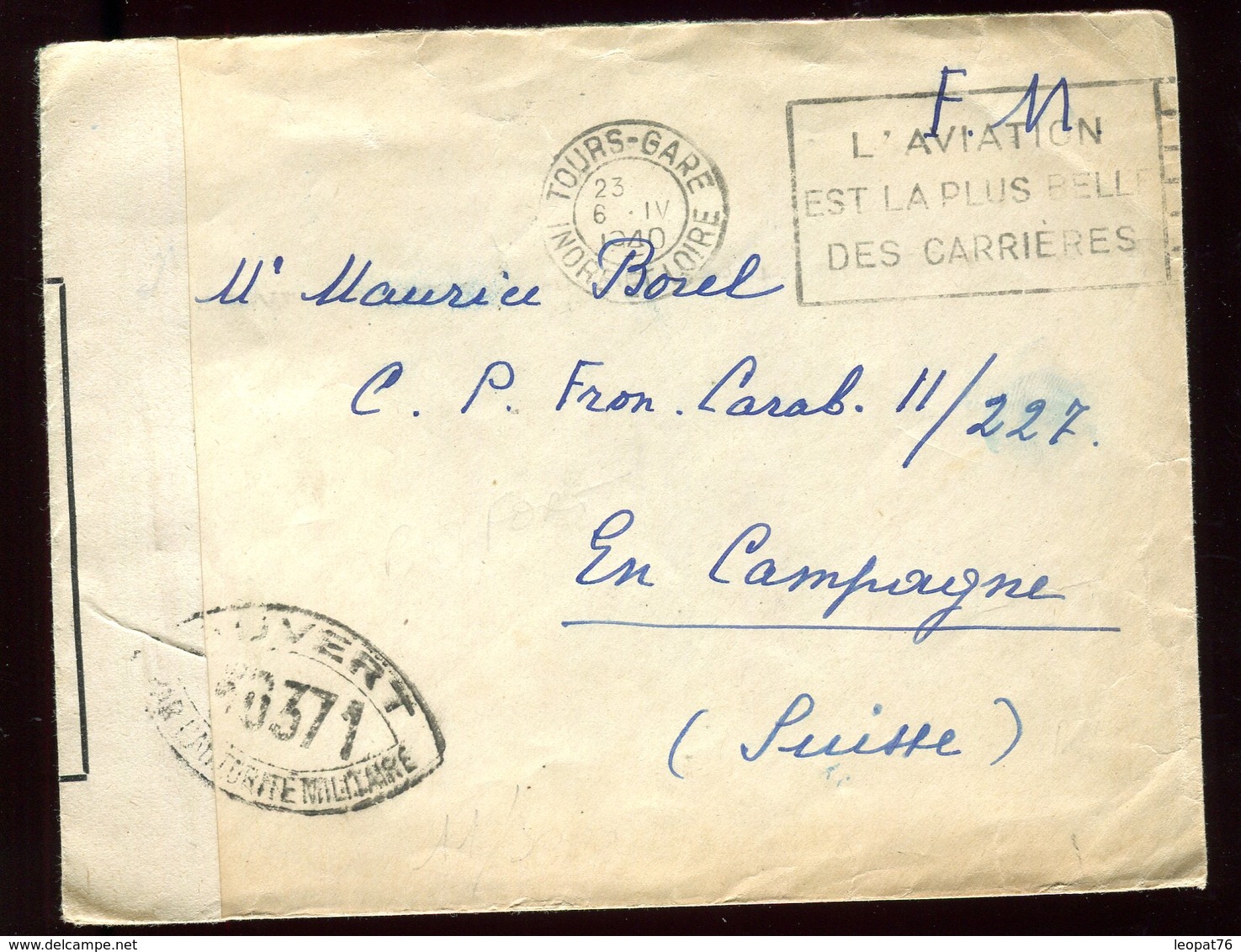 Enveloppe En FM De Tours Pour La Suisse En 1940 Avec Contrôle Postal - N201 - Guerre De 1939-45