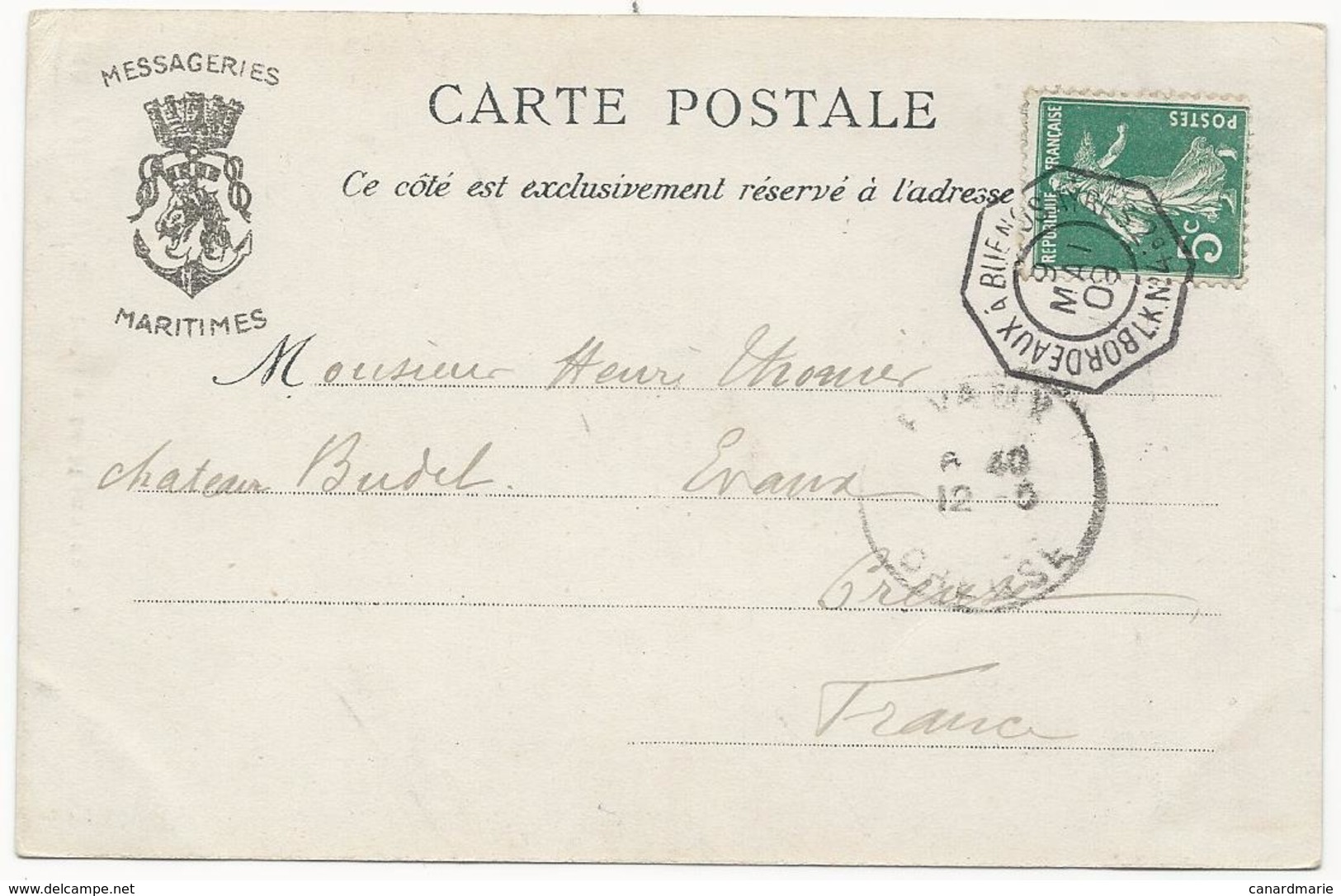 CARTE POSTALE 1909 AVEC TIMBRE AU TYPE SEMEUSE ET CACHET BORDEAUX A BUENOS AYRES 2° LK N°4 - Schiffspost