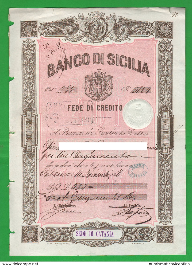 500 Lire Banco Sicilia Fede Credito 1888 Catania Pagherò Cambiali - Cambiali