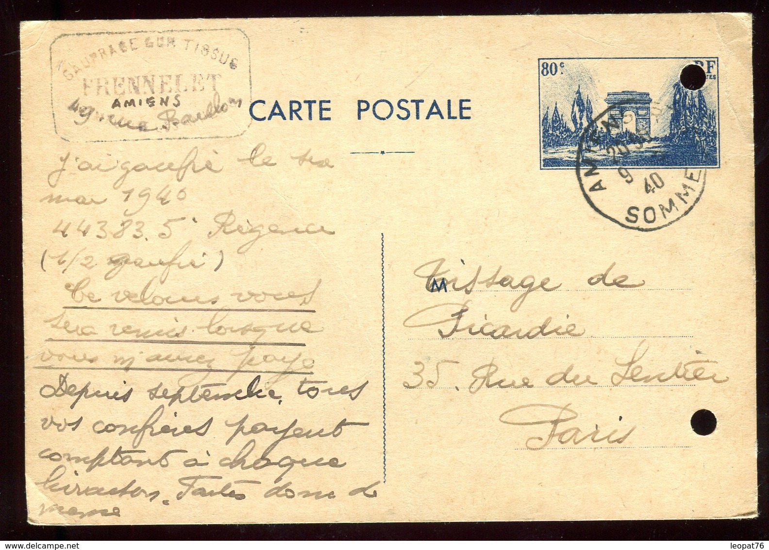 Entier Postal De Amiens Pour Paris En 1940 - N206 - Cartes Postales Types Et TSC (avant 1995)