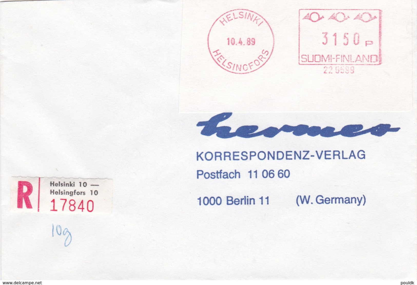 SFS On Cover: Finland Registered Cover Helsingfors 1989 To Germany  (T20-24) - Automatenmarken [ATM]