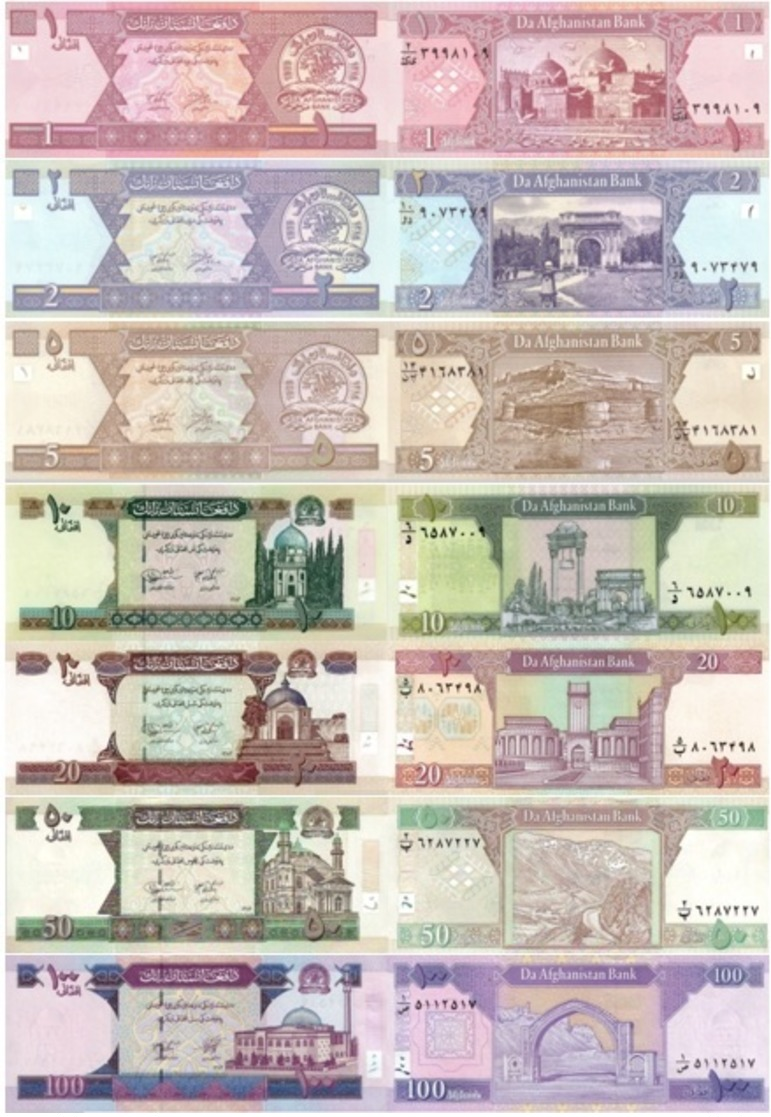 AFGHANISTAN Set Of 1 2 5 10 20 50 100 Afghanis P 64 65 66 67 68 69 70 UNC - Afghanistan