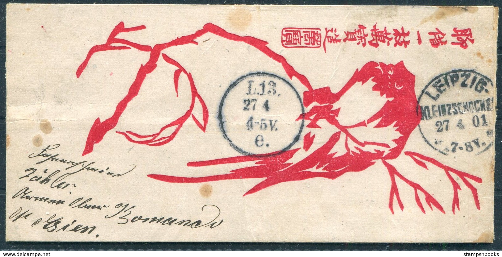 1901 (March 16th) China Boxer Feldpost No 2 Peking Illustrated Red Bird Cover - Leipzig Germany - Briefe U. Dokumente