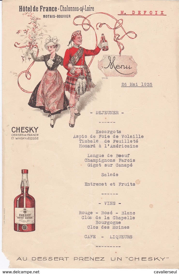 MENU  - HÔTEL De FRANCE - CHALONNES-s/LOIRE  (16 X 24 Cm.) - Menus