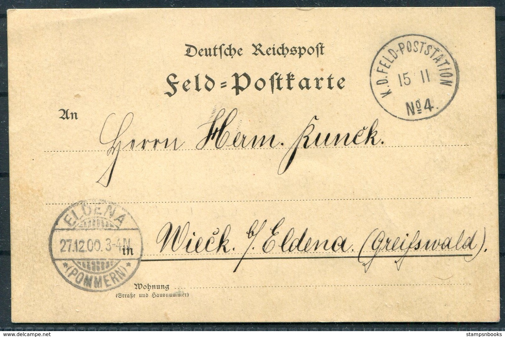 1900 (November 15th) China Boxer Feldpost No 4 Tongku Chinakrieg Postcard - Eldena Pommern Germany - Briefe U. Dokumente