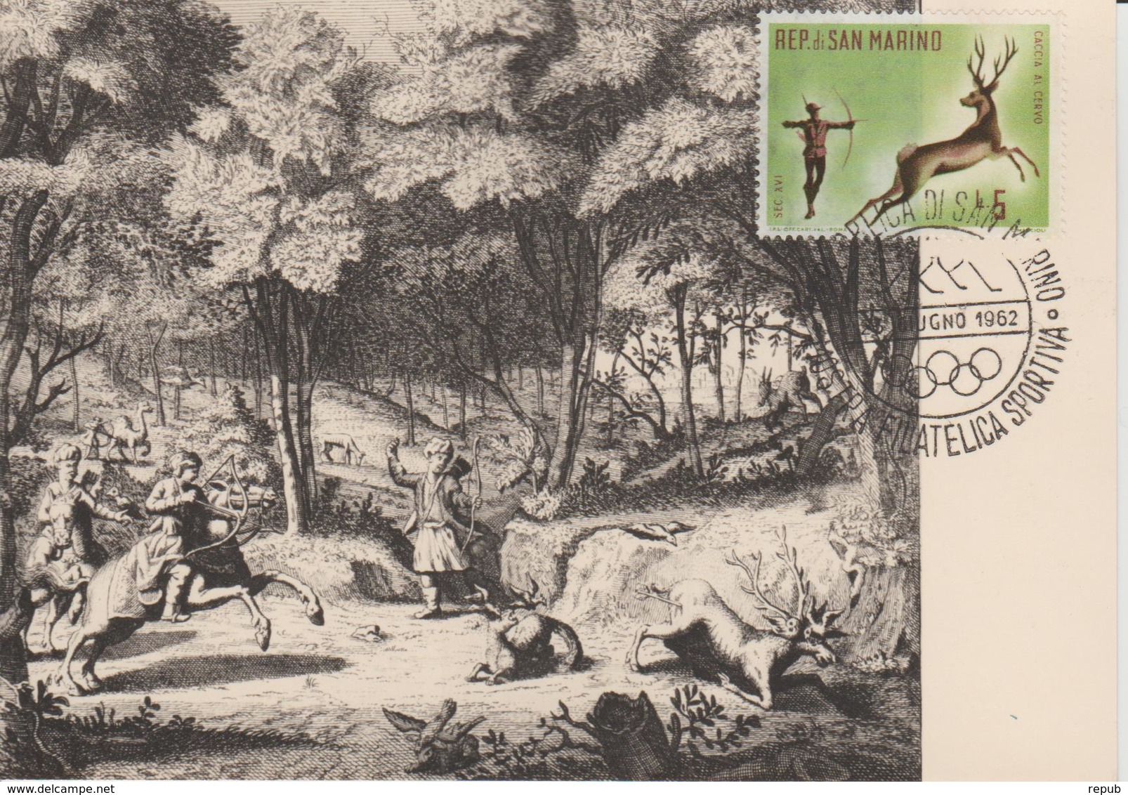 Saint Marin Carte Maximum 1961 Histoire De La Chasse 514 - Lettres & Documents