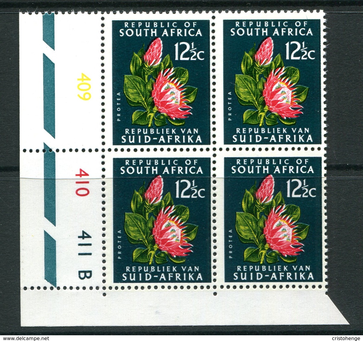 South Africa 1969-72 Redrawn Definitives - Phosphor Bands - 12½c Protea Control Block MNH (SG 294) - Neufs