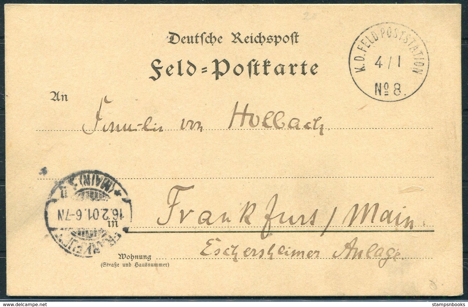 1901 (4th January) China Boxer Feldpost No 8 Shanghai Kuan / Schan-hei-kwang Chinakrieg Postcard - Frankfurt Germany - Covers & Documents