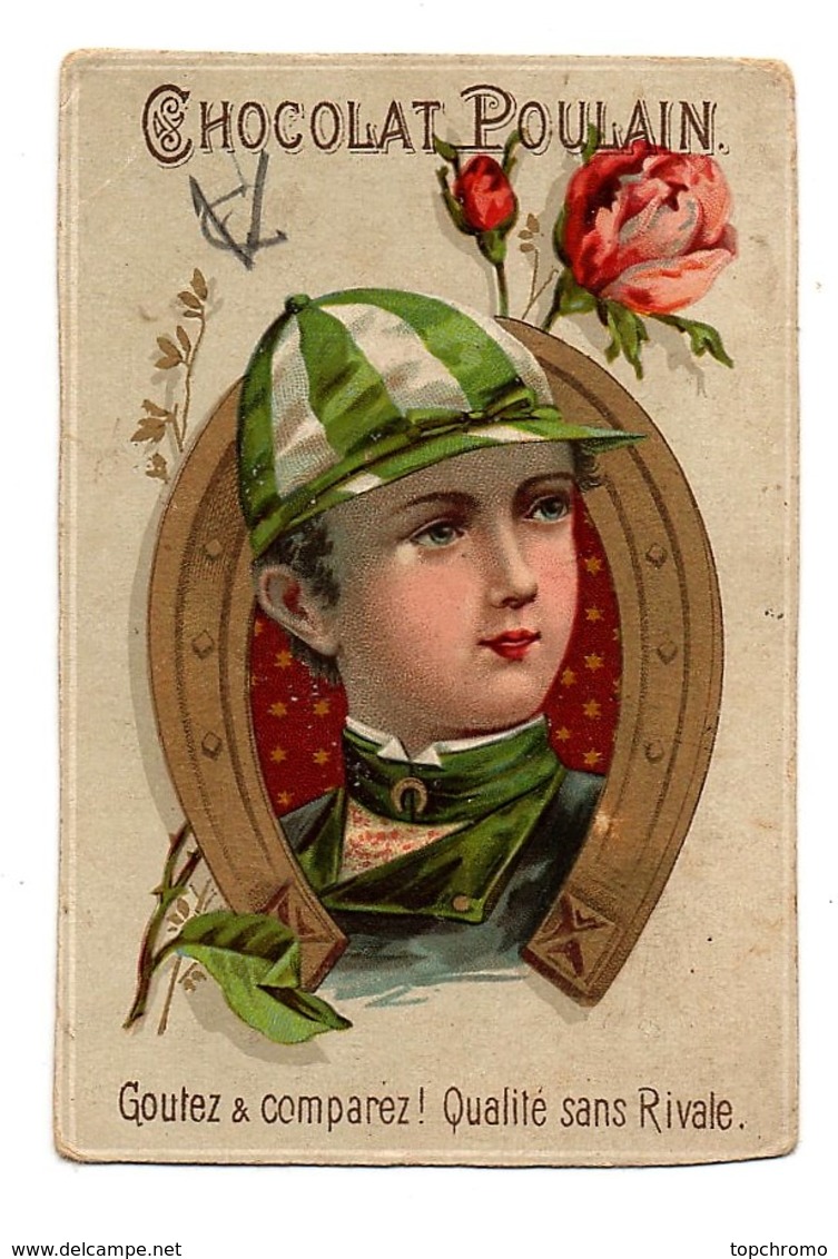 CHROMO Chocolat Poulain Enfant Jockey Bombe Fer à Cheval Fleurs Roses - Poulain