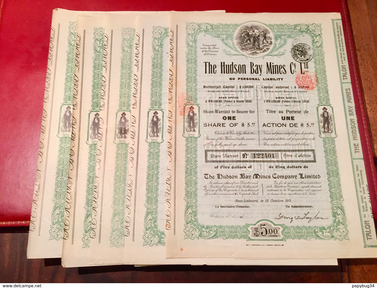 THE  HUDSON  BAY  MINES  COMPAGNIE  LIMITED ------- Lot  De  5  Actions  De  5$ - Mines