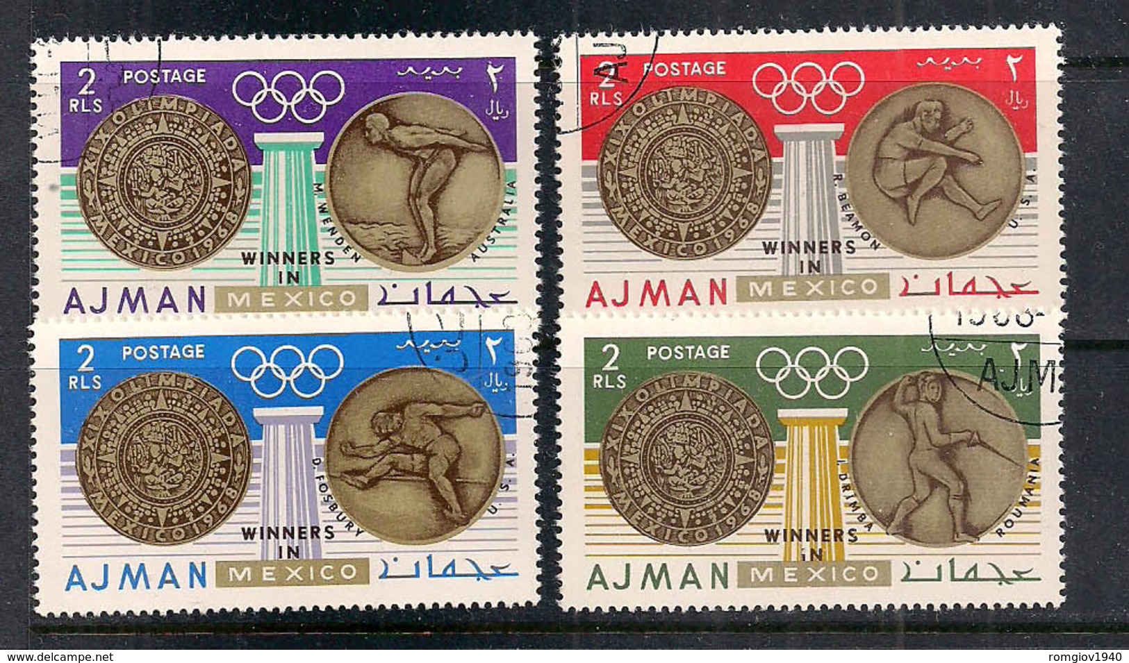 AJMAN 1968 VINCITORI DELLE MEDAGLIE D'ORO IN MEXICO YVERT. 88 VALORI 4 USATA VF - Ajman