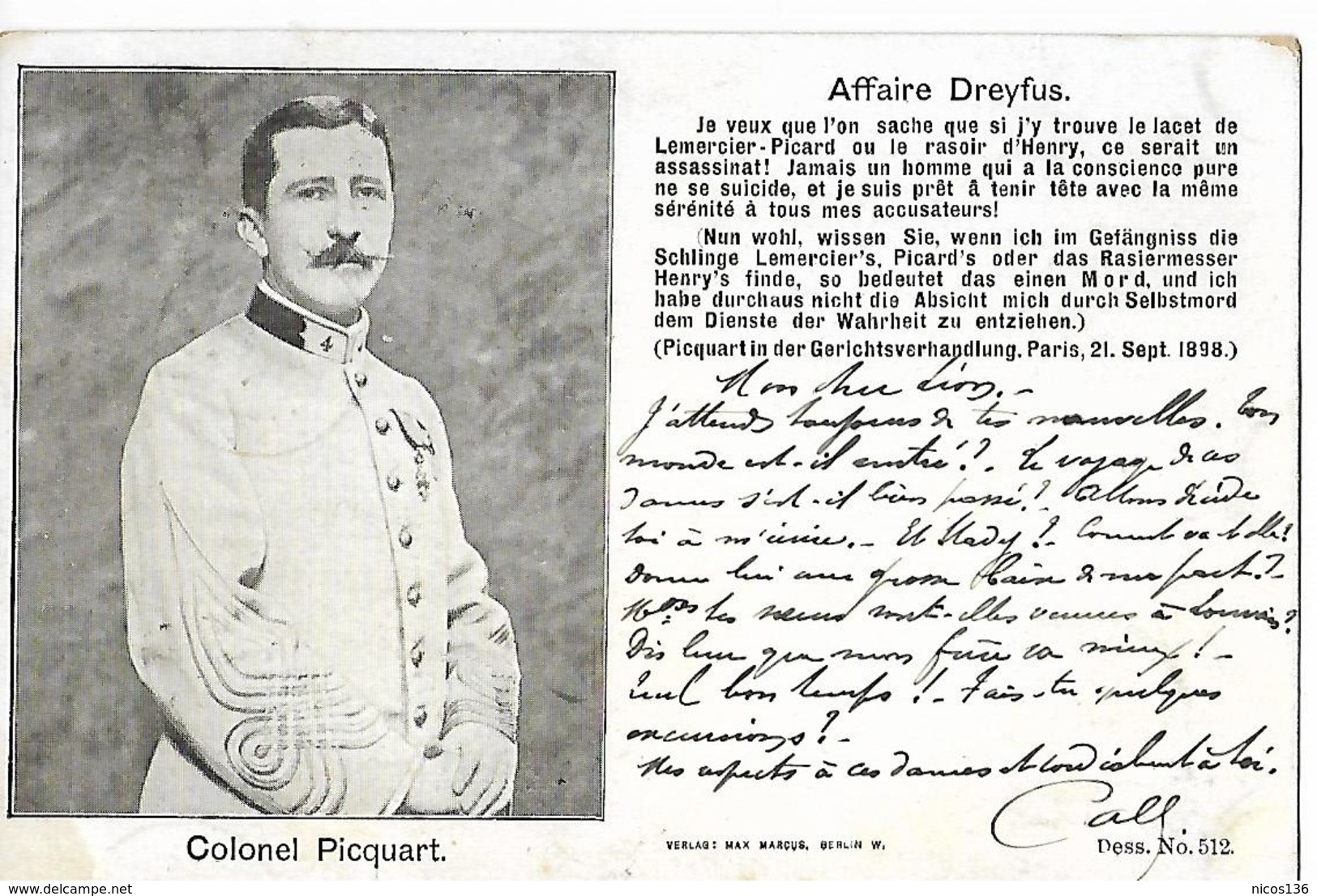 AFFAIRE  DREYFUS   COLONEL PICQUART   ECRITE  1898 - Autres & Non Classés