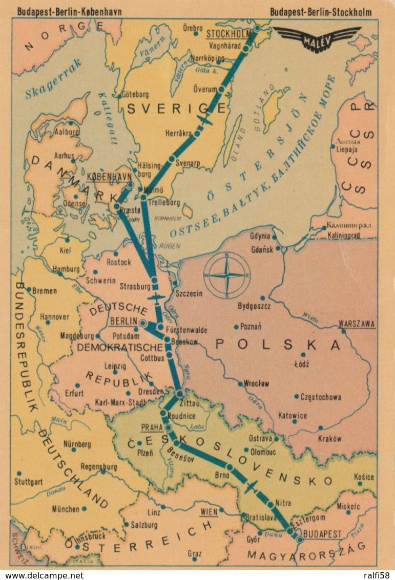 1 Map Of Hungarian Air * 1 AK Mit Der Landkarte Der Fluglinien Von Budapest über Berlin Nach Kopenhagen Und Stockholm * - Carte Geografiche