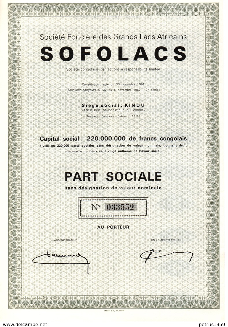 SOFOLACS PART SOCIALE SEIGE SOCIAL KINDU - Africa