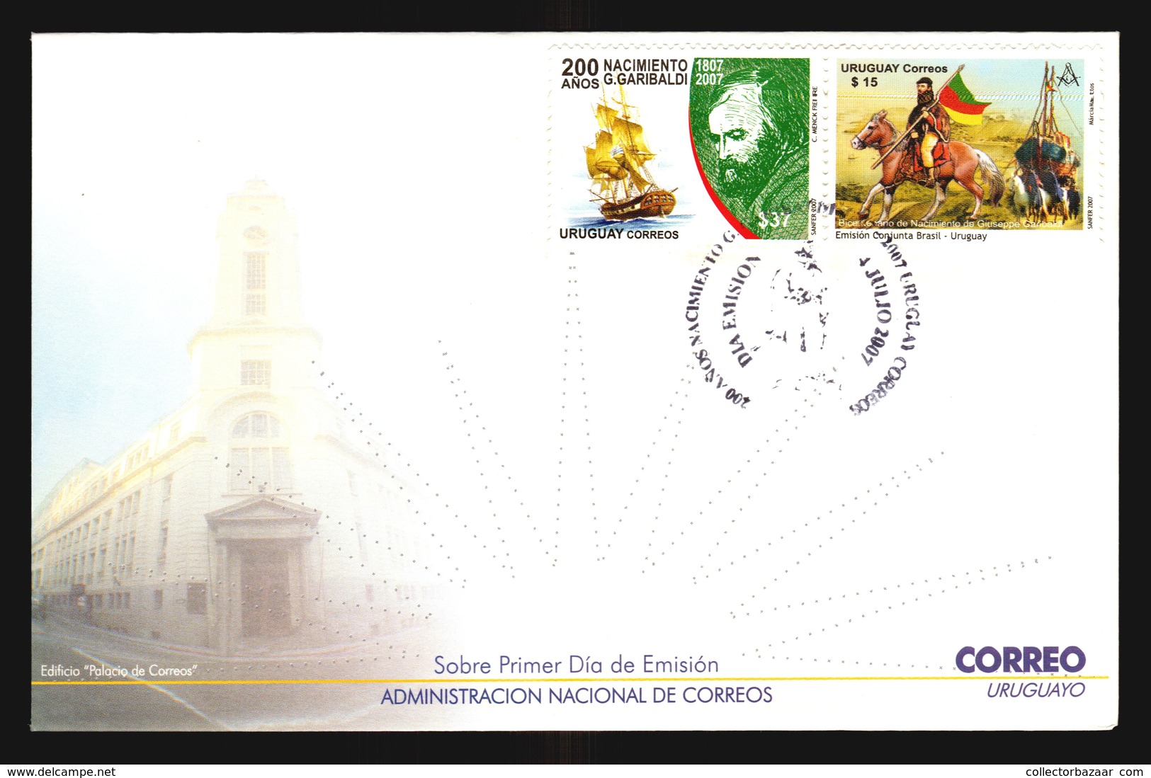 FDC COVER GIUSEPPE GARIBALDI 200TH ANNIVERSARY OF BIRTH HORSE SHIP BOAT Freemason Masonic JOINT ISSUE URUGUAY - BRAZIL - Gemeinschaftsausgaben