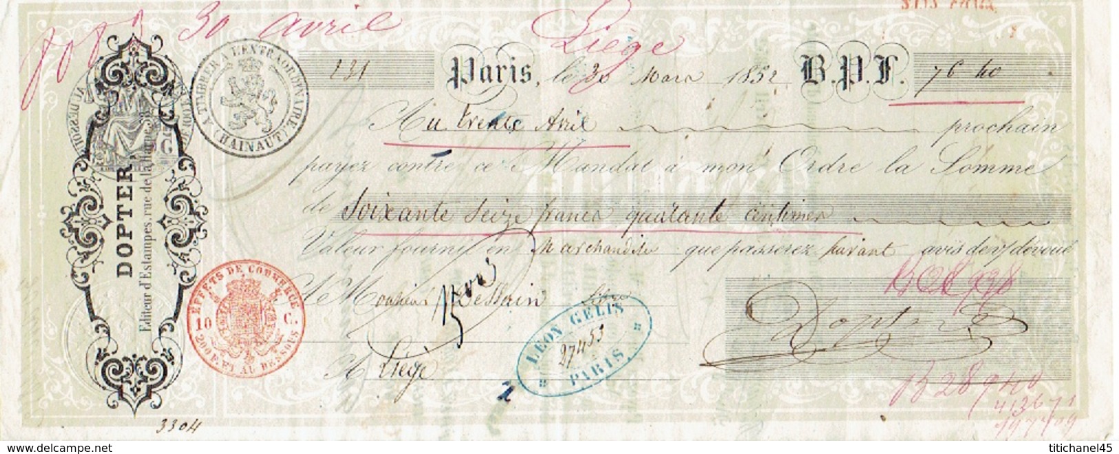 Mandat 1852 PARIS - DOPTER - Editeur D'estampes - Otros & Sin Clasificación