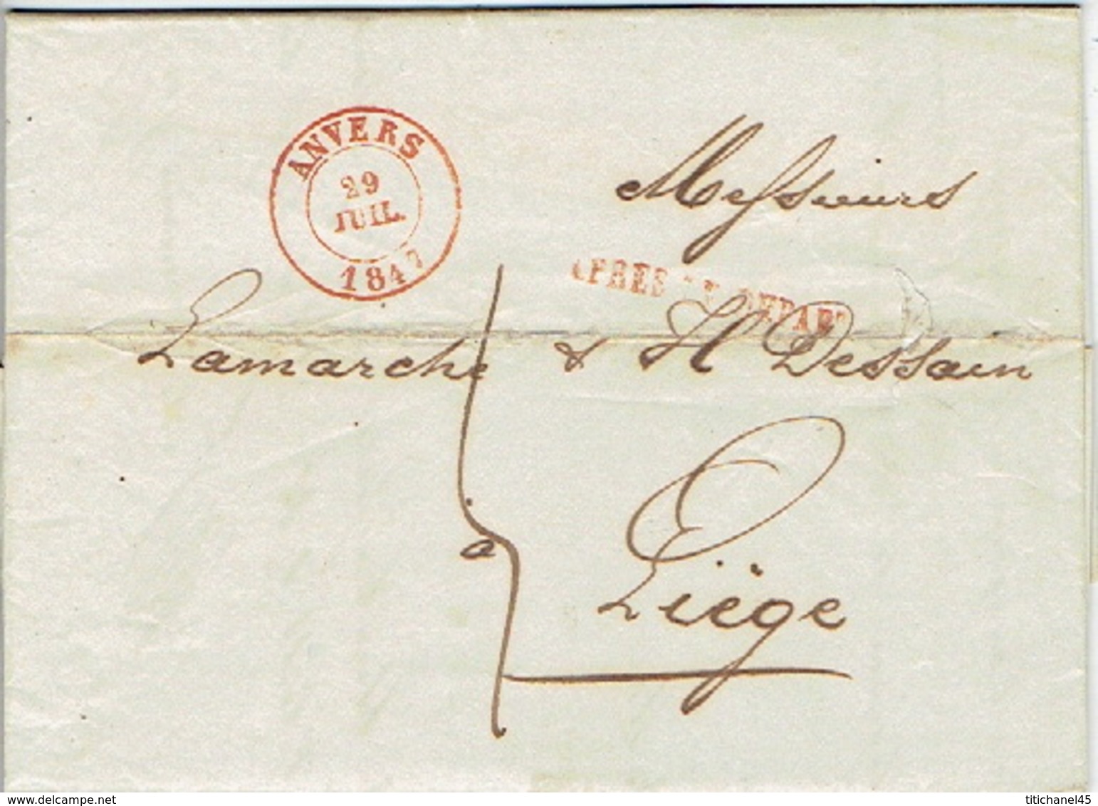 LAC D'ANVERS Datée Du 29 JUILLET 1847 Vers LIEGE + Griffe "APRES LE DEPART" Lettre Signée De GERMAIN Jos. ESSINGH - 1830-1849 (Belgique Indépendante)