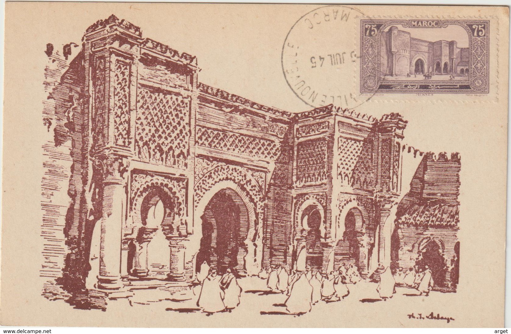 Carte-Maximum MAROC N° Yvert 115 (MEKNES - Porte BAB MANSOUR) Obl Sp 1945 - Briefe U. Dokumente